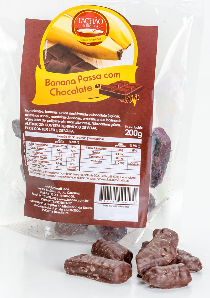 Banana Passa com Cobertura de Chocolate para 06 Pacotes